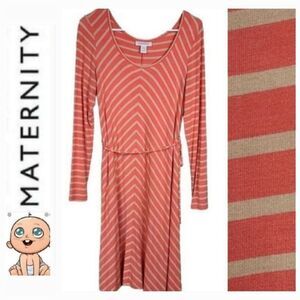 Motherhood Maternity Coral Tan Chevron Long Sleeve Stretchy Knit Swing Dress SM